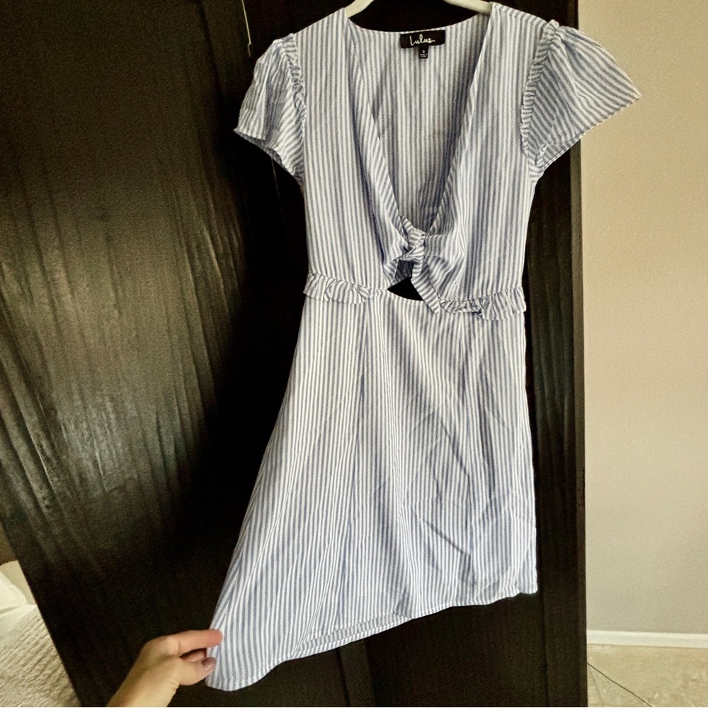 Lulu's Blue and White Striped Mini Tie Front Dress